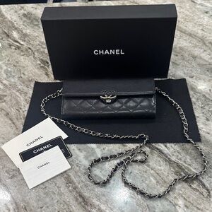 CHANEL Black Quilted Leather Chain Crossbody Wallet
